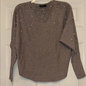 Be Mine Sweater Pearl Rhinestone S/M Gray Dolman Sleeve Loose Stretch Glam